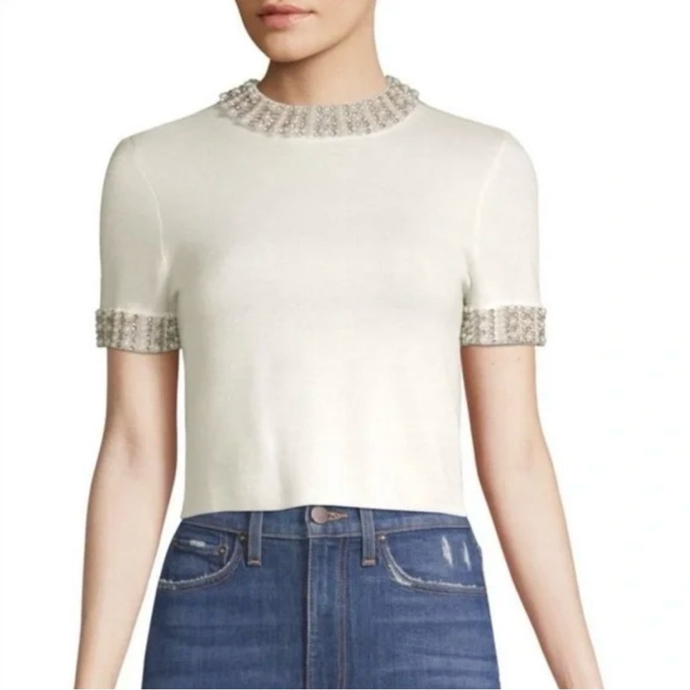 Alice + Olivia Cream Beaded Short Sleeve Top